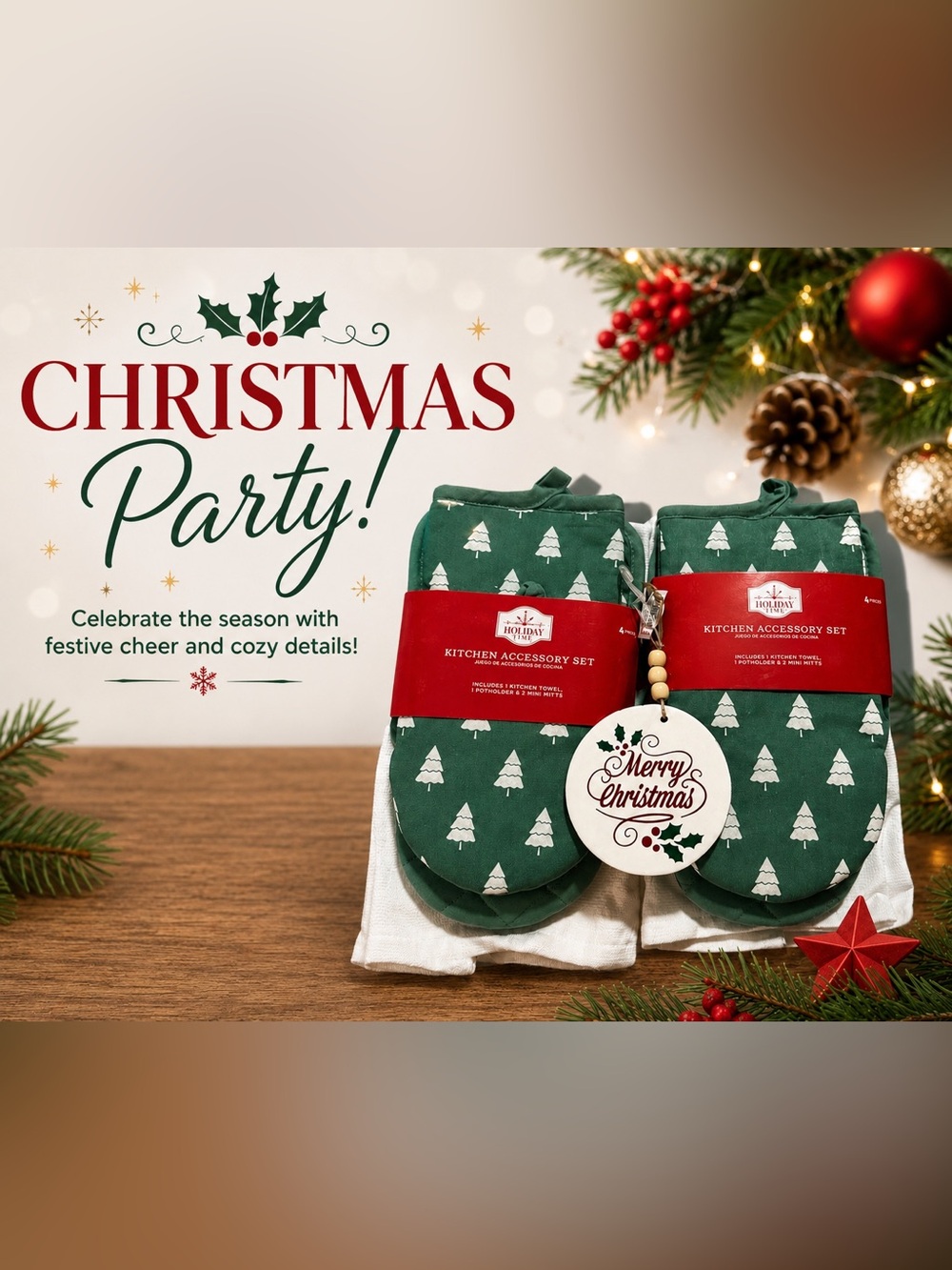 NWT Holiday Time Christmas Kitchen Accessory Set w/Merry Christmas Wood Ornament